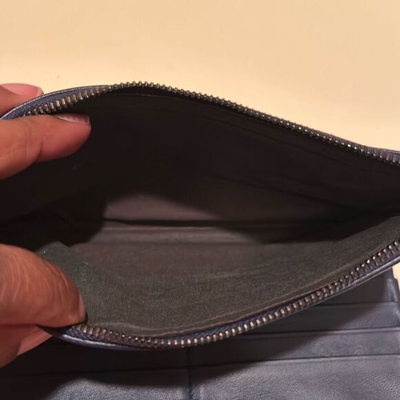 Bottega Veneta Double Zipper Foldover Clutch Wallet Navy Blue Woven Leather - Picture 5 of 14